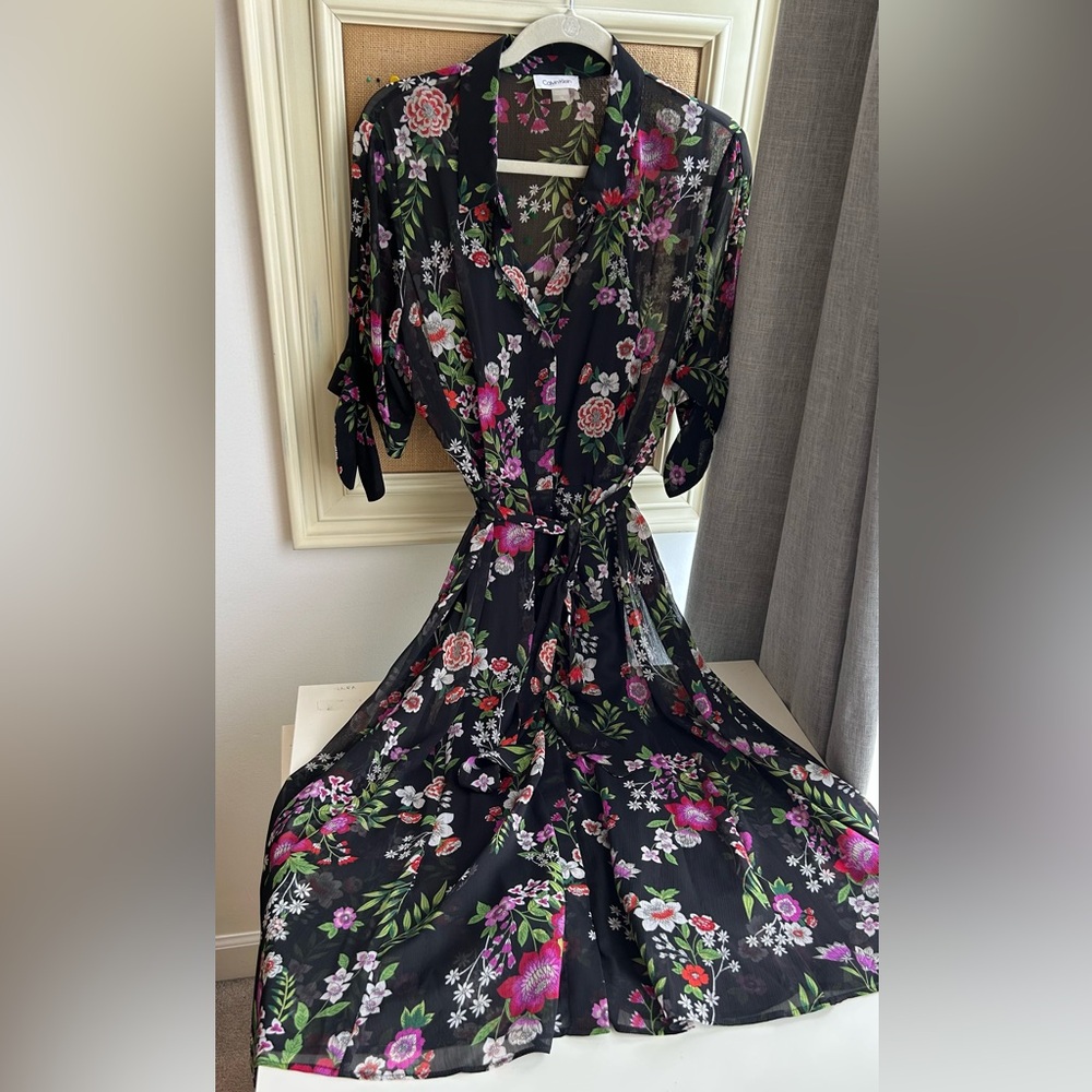 Calvin Klein Pink and Green Ruched Tie Front Maxi Dress